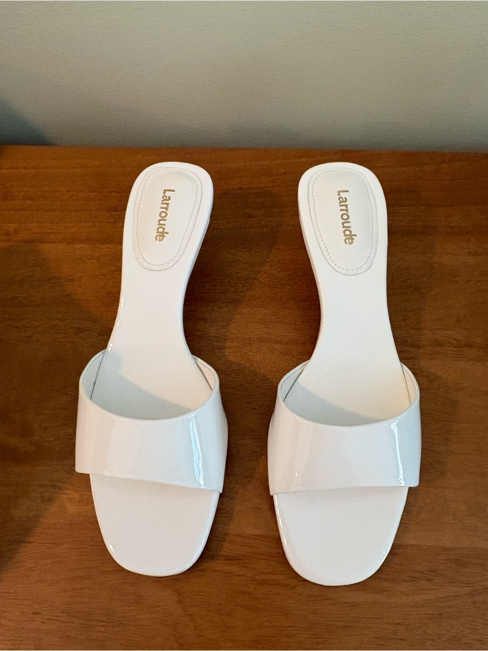 Larroude White Patent Slide Mules